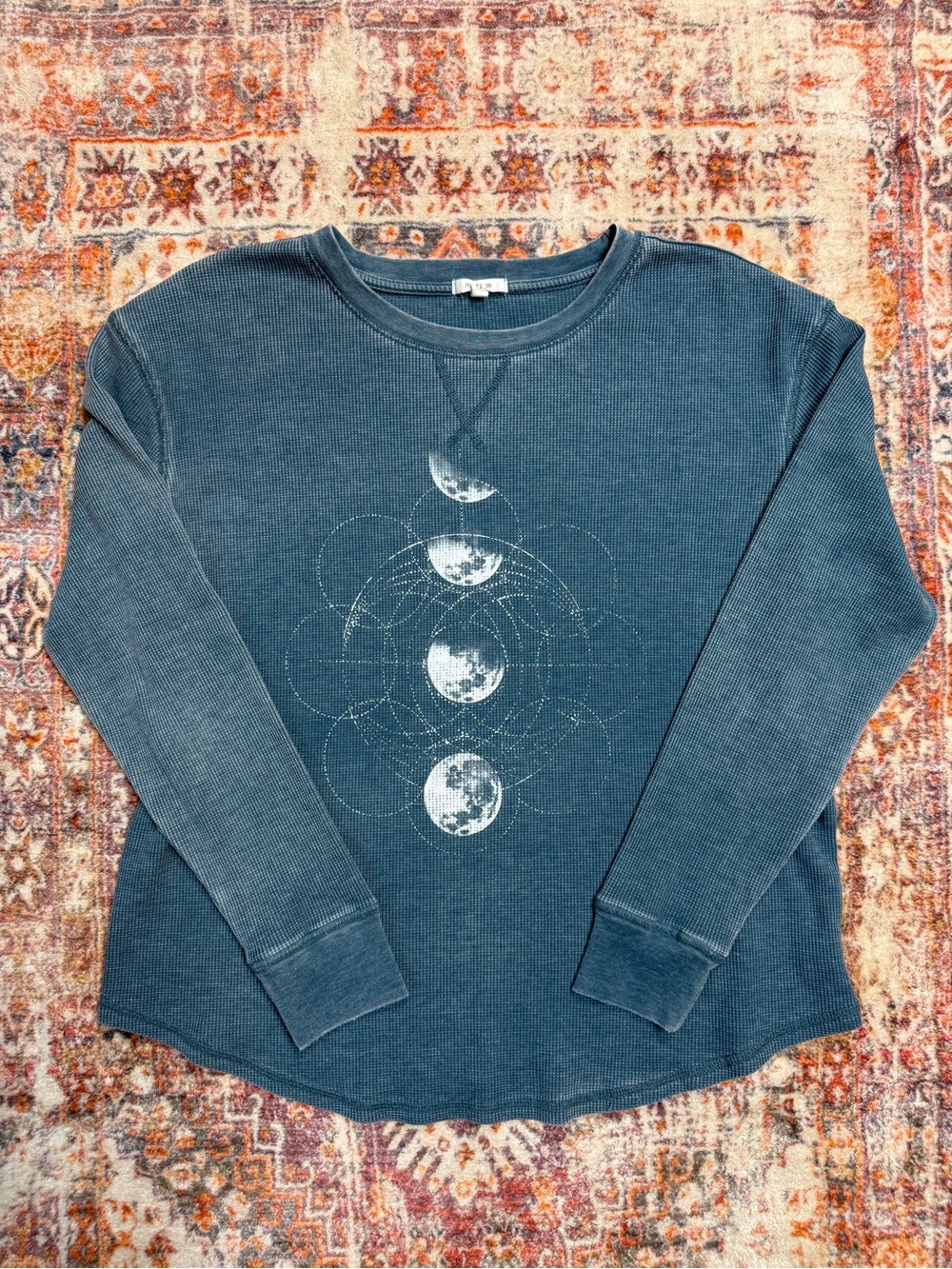 Maurices Moon Phase Waffle Knit Long Sleeve Top Medium Faded Dusty Teal Blue